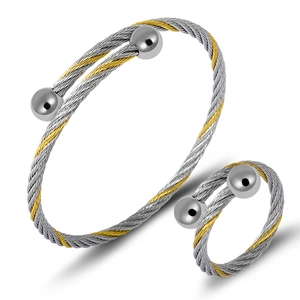 Two-tone stainless steel cable jewelry set with open spring bracelet and matching ring