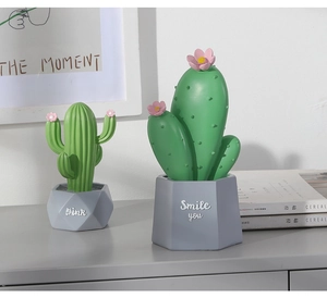 Dettaglio di cactus in resina con scritte Smile you e Pink su vasi geometrici grigi