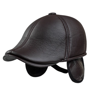 Casquette plate en cuir marron d'hiver pour hommes avec protège-oreilles chauds