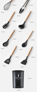 Detailed size specifications of black silicone kitchen utensils with wooden handles