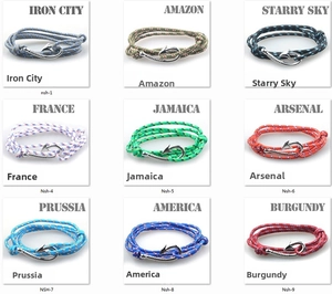 Paracord fish hook bracelets shown in nine different nautical color patterns and styles