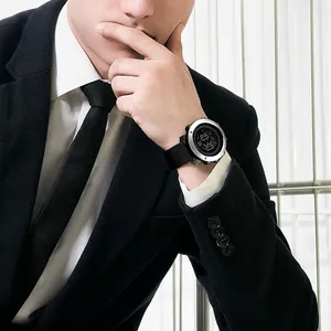 Men's silver dual display digital sport watch with black rubber strap and business style