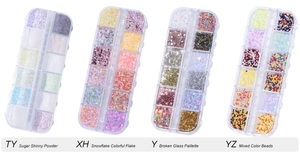 Macro detail of nail art glitters including sugar powder and colorful flakes in 12-grid boxes
