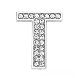 Macro detail of silver letter T charm pendant with crystal rhinestones for DIY jewelry