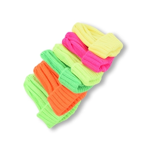 Vibrant knit beanies for kids in five neon colors with ribbed texture and folded cuff