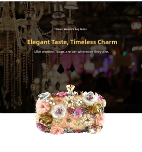 Detail of handmade fabric flowers and gemstone beads on a floral evening clutch bag