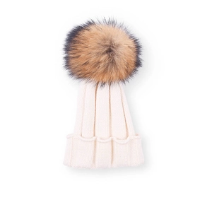 Winter rib-knit baby beanie in cream white featuring a large natural faux fur pom-pom