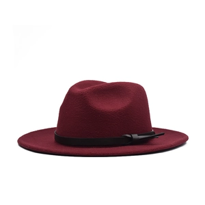 Classic burgundy wide-brim wool felt fedora hat with elegant black leather band detail