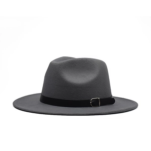 Detailed close-up of charcoal grey wool fedora hat with black leather belt and silver buckle