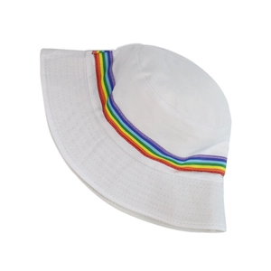 White cotton bucket hat featuring colorful rainbow striped band for summer sun protection