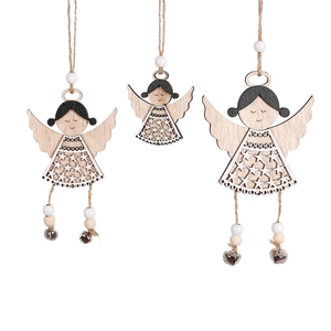 Nordic wooden angel Christmas ornaments with white beads and metal bells on rustic jute strings