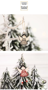 Close-up of Nordic wooden angel ornaments with stars, beads, and bells on a Christmas tree