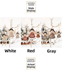 Three-piece set of Nordic wooden angel ornaments with bells in white, red and grey
