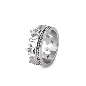 Elegant silver crown ring with star cutout and sparkling stones at a 45-degree angle
