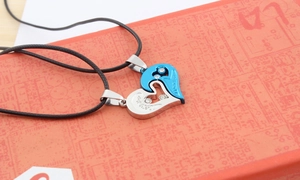 Double-layer puzzle heart couple necklace in silver and blue with sparkling crystals
