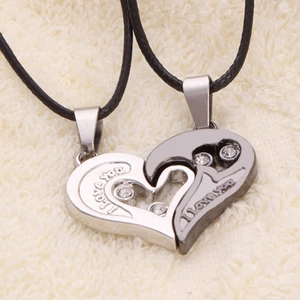 Alloy Heart Shaped Puzzle Necklace With Rhinestones And Black Cord I Love You Engraved Couples Jewelry Gift