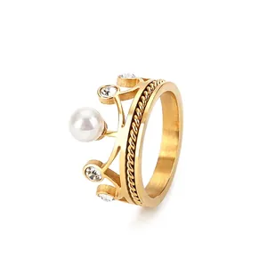 Bague Couronne En Acier Inoxydable Avec Künstliche Perle Et Zircon Bijoux De Mode Élégants Pour Femmes Motif Texture Corde Torsadée