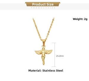 Detail of gold angel pendant showing dimensions 25x20mm and 2g weight in stainless steel