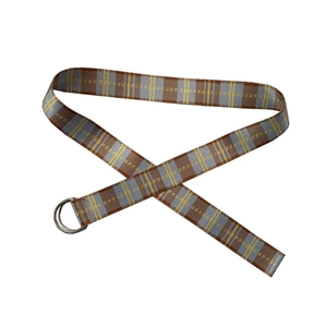 Checkered nylon canvas belt with double D-ring buckle in brown and grey-blue weave