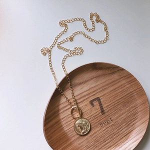 Retro double layer gold coin necklace with O-T toggle clasp and relief pendant