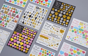 Gold foil number and letter sticker sheets for DIY journaling and card decoration