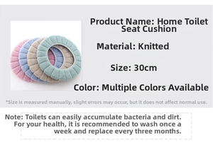 Close-up of washable knitted toilet seat covers in pink, blue, beige, and green colors