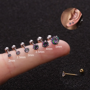 Size comparison of stainless steel stud earrings with rainbow zircon from 2mm to 5mm