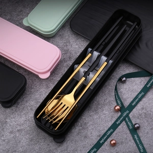 3-piece portable stainless steel cutlery set with spoons, forks, and chopsticks in cases