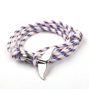 Fishtail nautical bracelet with red, white, and blue braided rope and silver whale tail clasp