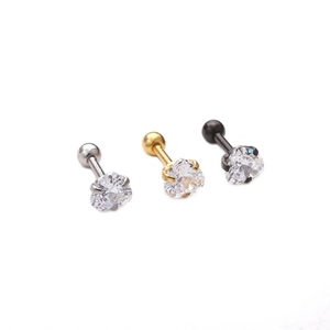 Three heart-shaped zircon cartilage studs in silver, gold, and black stainless steel