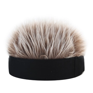 Detailed view of novelty docker cap featuring fluffy synthetic wig hair and brimless design