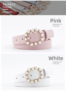 Detail showing pink and white PU leather belts with pearl-studded round golden buckles