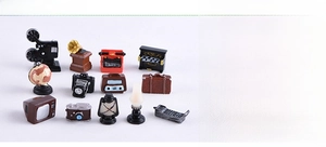 Macro view of 13-piece vintage resin miniatures set for desktop decor and landscapes