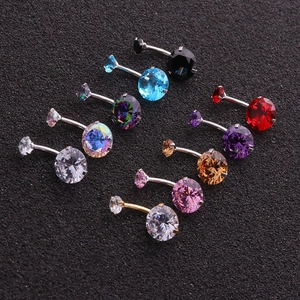 Set of nine stainless steel belly button rings with vibrant round cubic zirconia stones