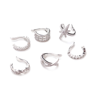 Set of 6 silver micro-pave cubic zirconia ear cuffs in various minimalist designs
