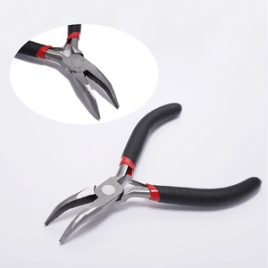 Close-up of curved nose pliers with non-slip handle and spring mechanism for jewelry making