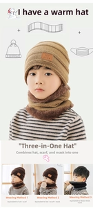 Close-up of kid's 3-in-1 thick knit hat and neck warmer with plush faux fur lining