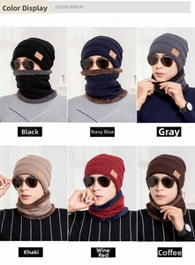 Detailed grid view of fleece-lined knit beanies and neck warmers in six versatile colors