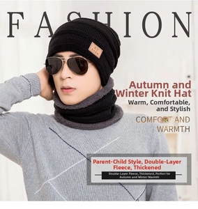 Close-up of men's winter knit beanie and neck warmer with thick fleece lining