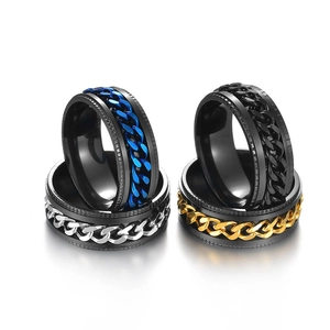 Mens stainless steel rotating chain rings in blue black silver and gold finishes