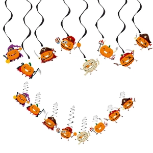 Hanging Halloween spiral decorations with colorful cartoon pumpkin character designs
