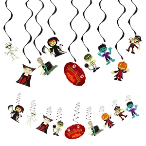 Detailed Halloween swirl decorations set with Happy Halloween sign and spooky characters