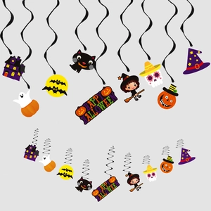 Hanging Halloween spiral decorations with pumpkin, witch, and ghost paper silhouettes