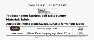 Détail du chemin de table Rudolph avec jambes de poupée 3D mesurant 180cm sur 33cm