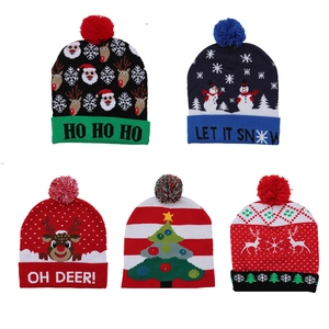 Five styles of festive LED Christmas knitted beanies with colorful lights and pom-poms