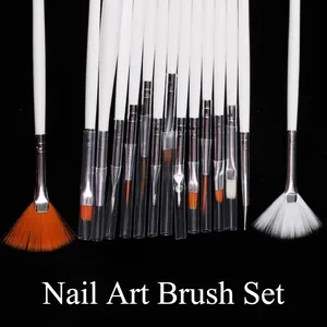 Professional 15pcs white nail art brush set with multiple tips on black background