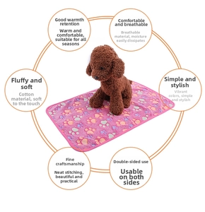 Pink double-sided flannel pet blanket with colorful paw prints and breathable texture