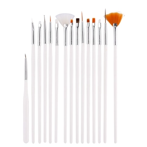 Set of 15 professional white handle nail art brushes with diverse brush heads on white background