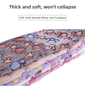Detail showing layers of thick flannel pet blankets with colorful paw print patterns