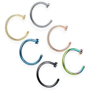 Set of six stainless steel C-shaped nose rings in gold, silver, rose gold, blue, black, and rainbow